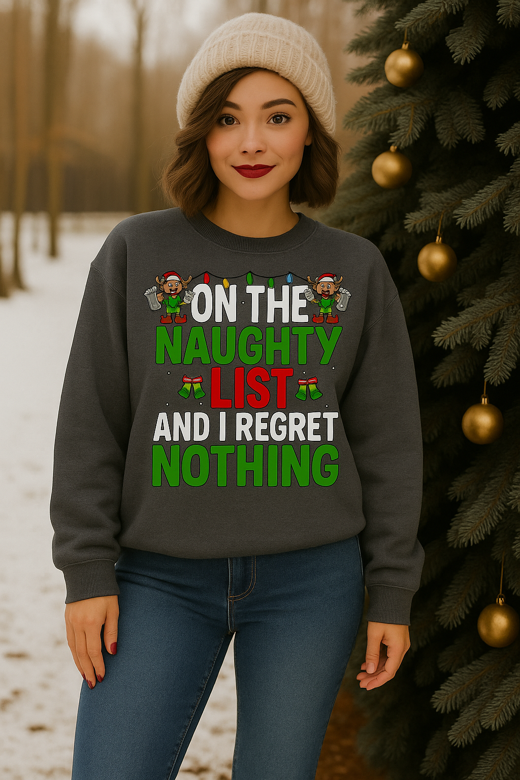 ON THE NAUGHTY LIST NO REGRETS - UNISEX DARK HEATHER GREY SWEATSHIRT