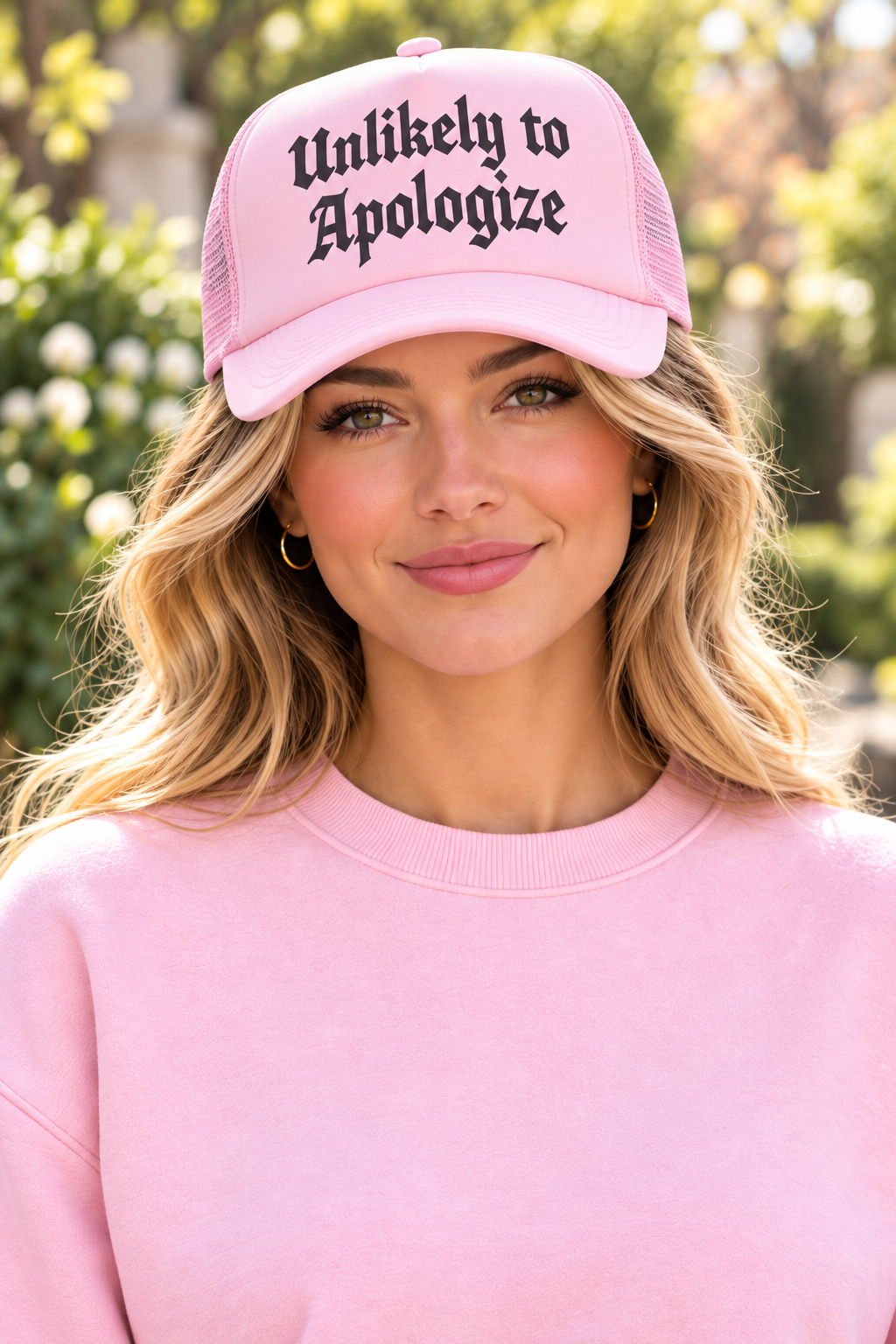 UNLIKELY TO APOLOGIZE - DTF Printed Light Pink Trucker