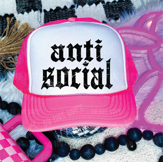 Anti Social DTF Printed Neon Pink and White Trucker Hat
