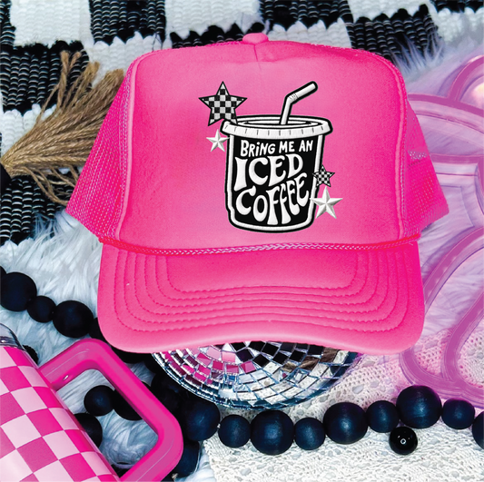 Iced Coffee DTF Printed Neon Pink Trucker Hat