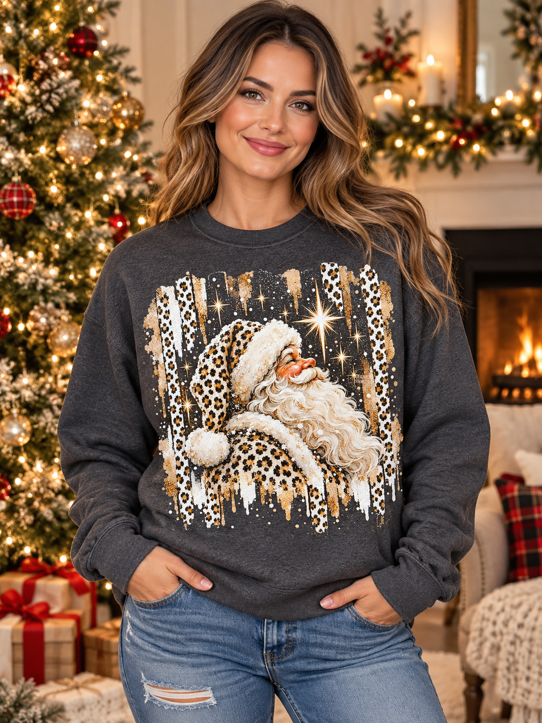 Leopard Santa  - DARK HEATHER GREY SWEATSHIRT/TEE