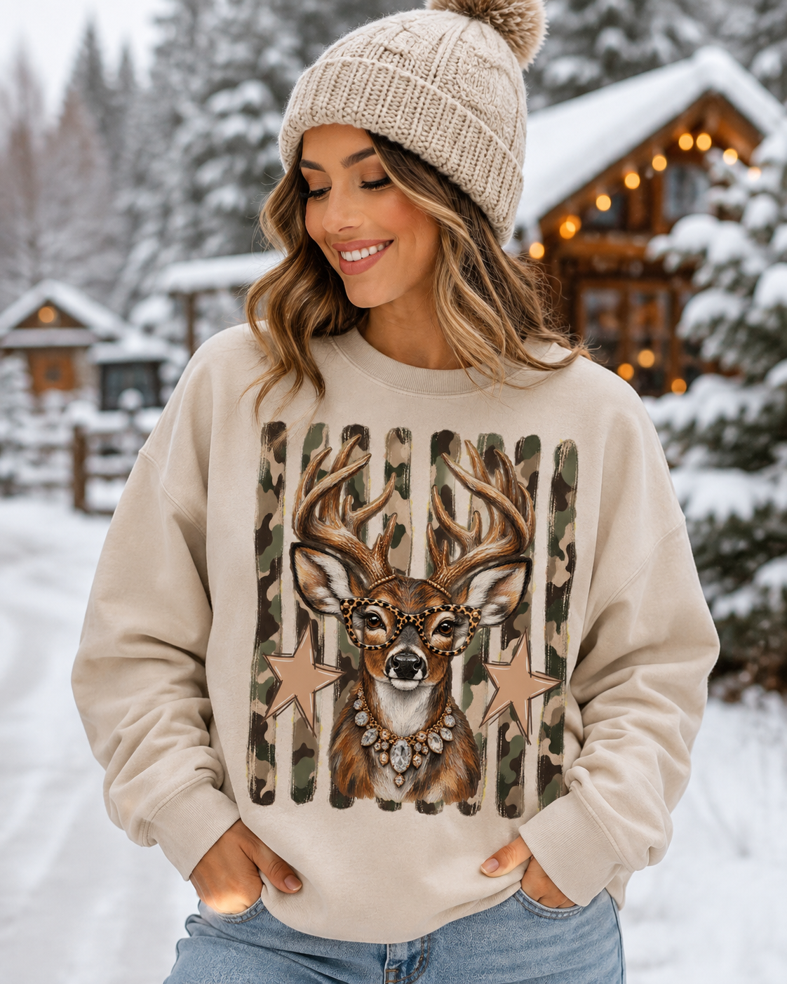Glamour Deer on Camo Stripes - Unisex Sweatshirt/Tee