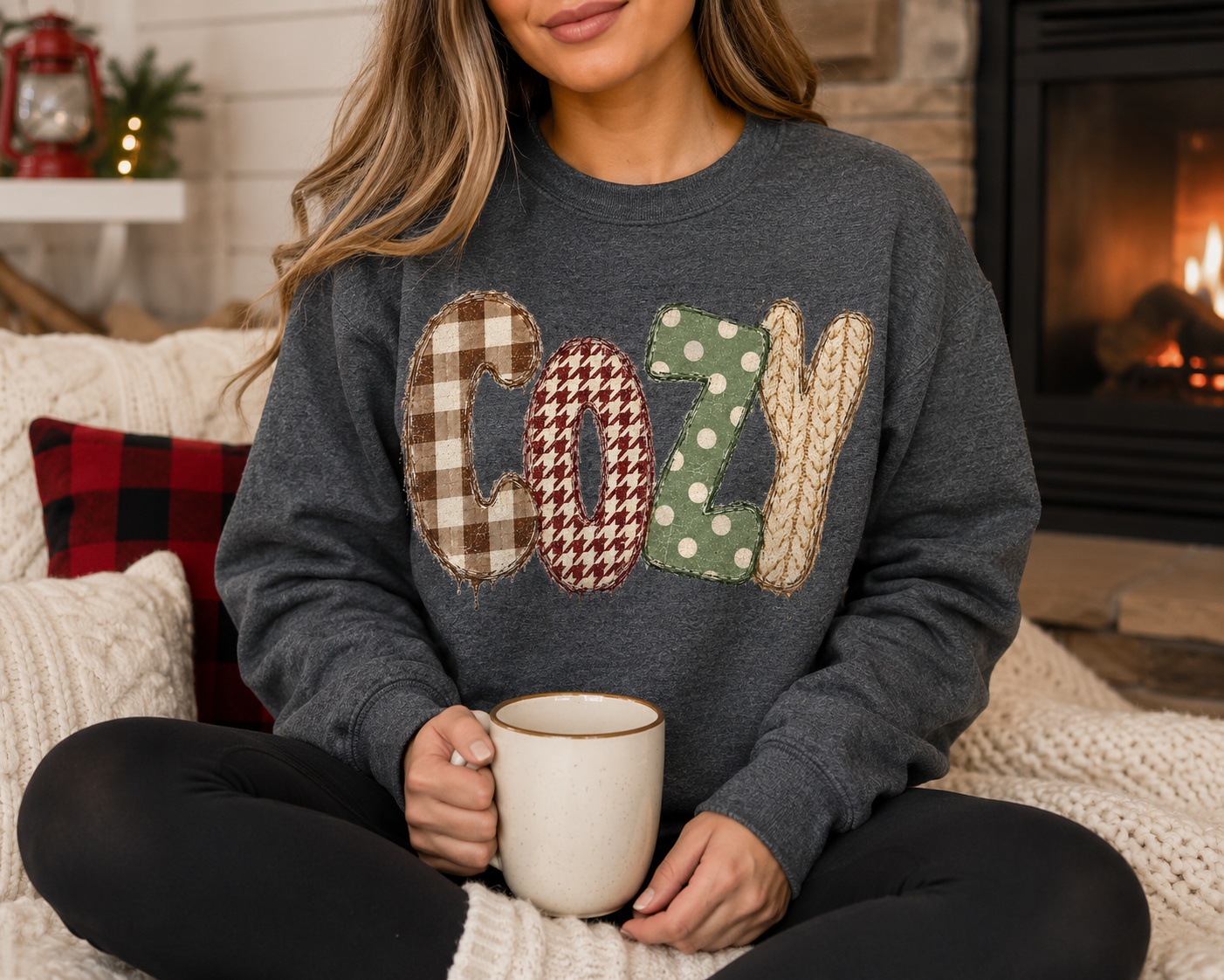 DISTRESSED FAUX EMBROIDERY COZY PATTERN - DARK HEATHER GREY SWEATSHIRT/TEE