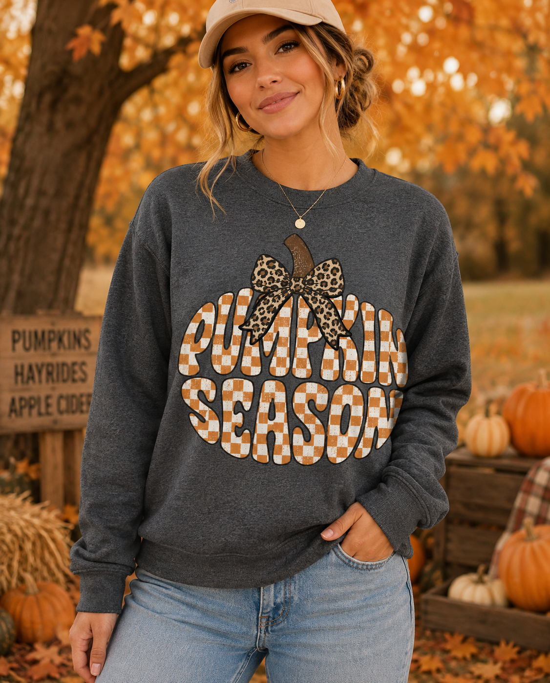 PUMPKIN SEASON CHECKERED WITH LEOPARD BOW - DARK HEATHER GREY SWEATSHIRT/TEE (Copy)