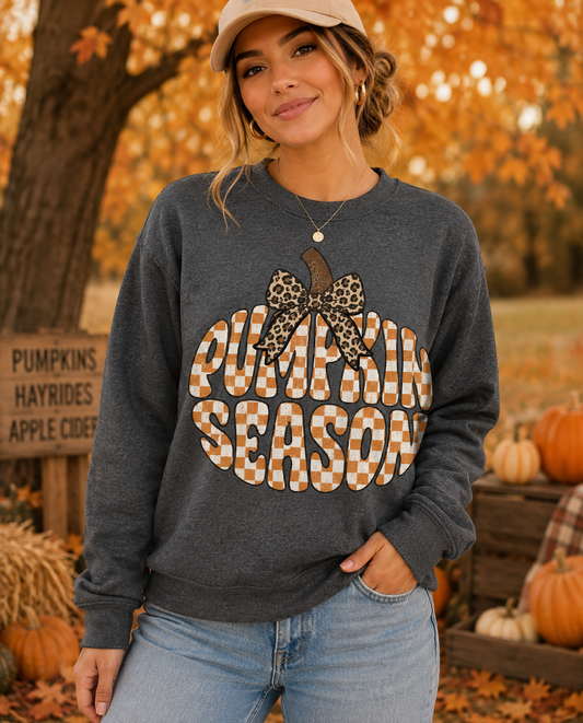 PUMPKIN SEASON CHECKERED WITH LEOPARD BOW - DARK HEATHER GREY SWEATSHIRT/TEE (Copy)