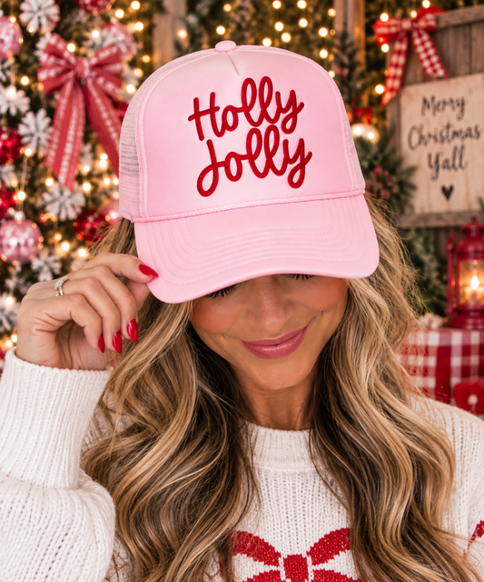 HOLLY JOLLY RED - DTF Printed Light Pink Trucker Hat