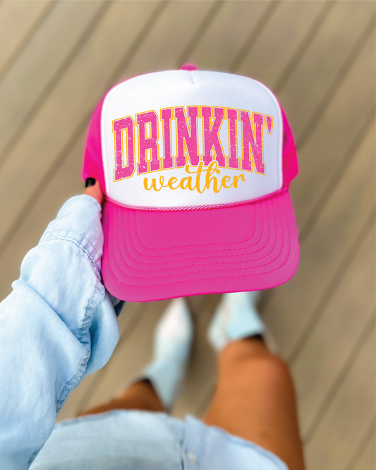 Drinkin' Weather DTF Printed Hot Pink & White Trucker Hat
