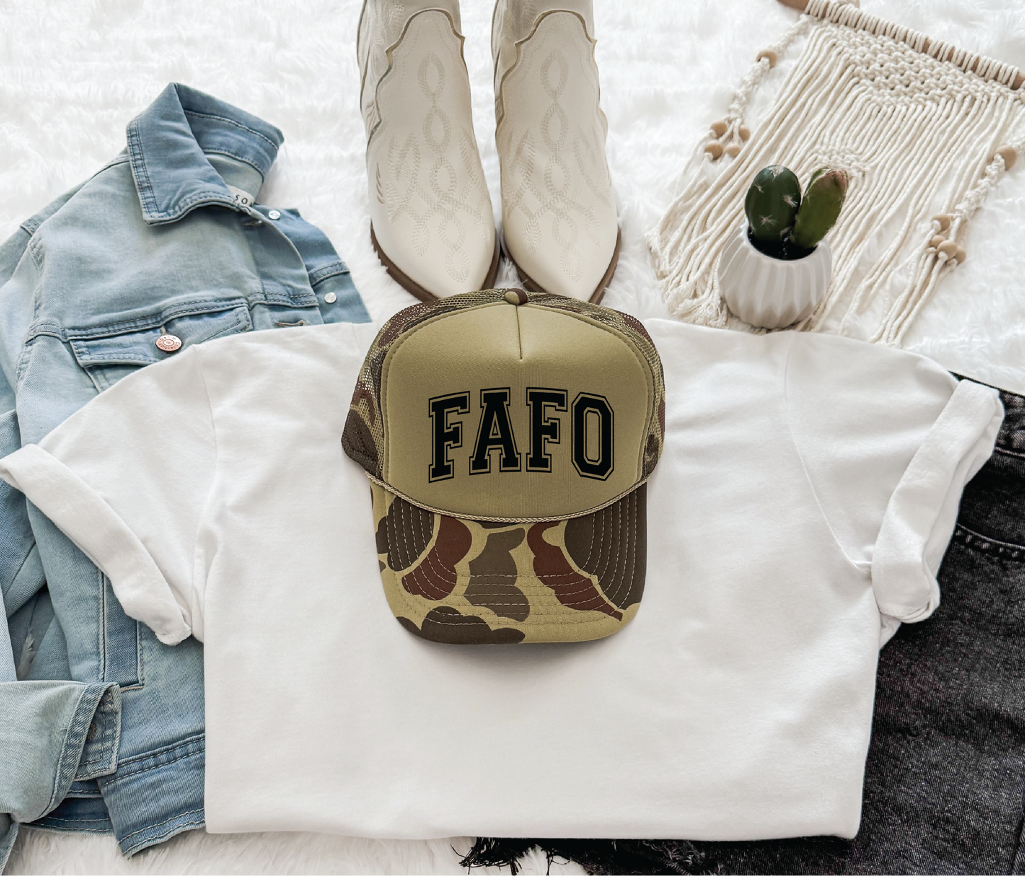 FAFO printed on Camo and Olive Foam Trucker Hat