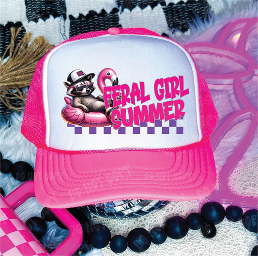 Feral Girl Summer DTF Printed Neon Pink and White Trucker Hat