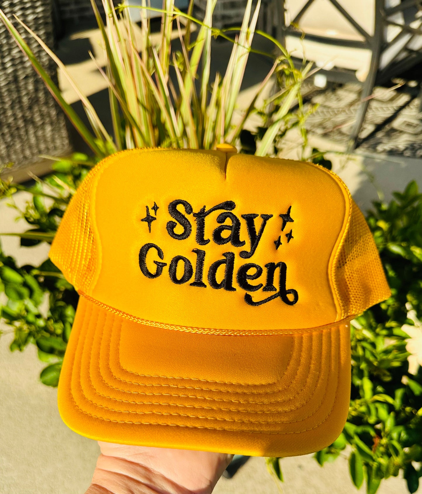 Stay Golden Embroidered Gold Trucker Hat