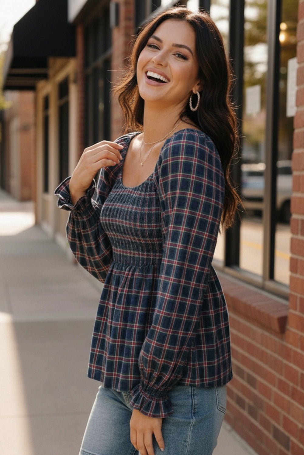 Sweetheart Smocked Navy Plaid Top