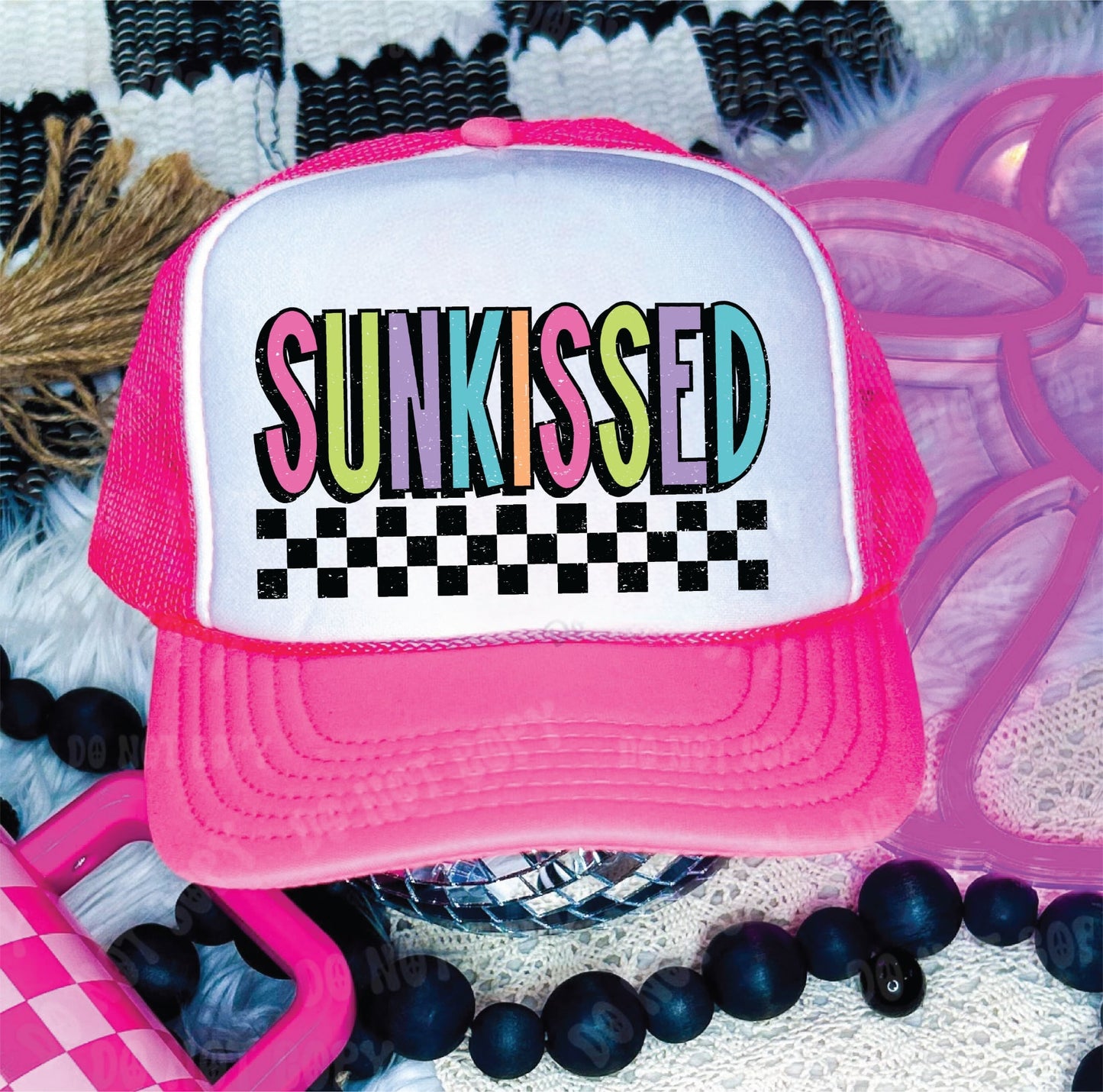 Sunkissed DTF Printed Neon Pink & White Trucker Hat