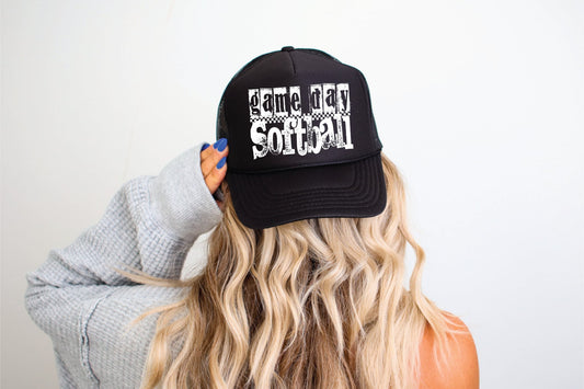 Game Day Softball DTF Printed Black Trucker Hat