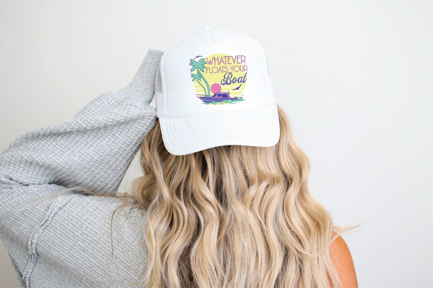 Whatever Floats Your Boat DTF Printed White Trucker Hat