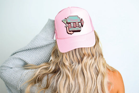 Tanned and Tipsy Cocktail Club DTF Printed Light Pink Trucker Hat
