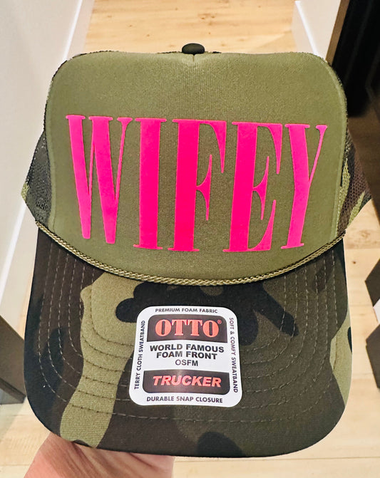 3D Puff Pink Vinyl Wifey on Camo and Olive Foam Trucker Hat