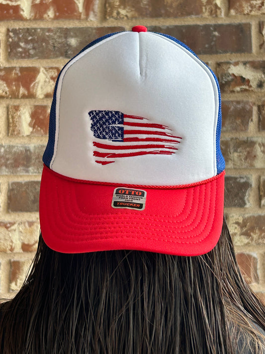 Flag Embroidered Red/White/Blue Trucker Hat