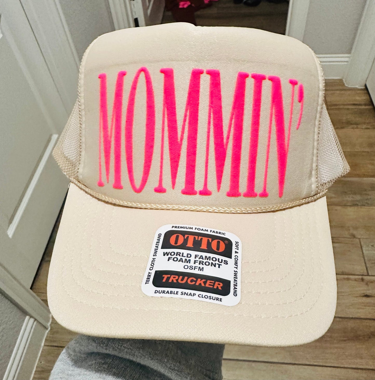 HD Custom- 3D Puff Vinyl Mommin Neon Pink on Tan Foam Trucker Hat