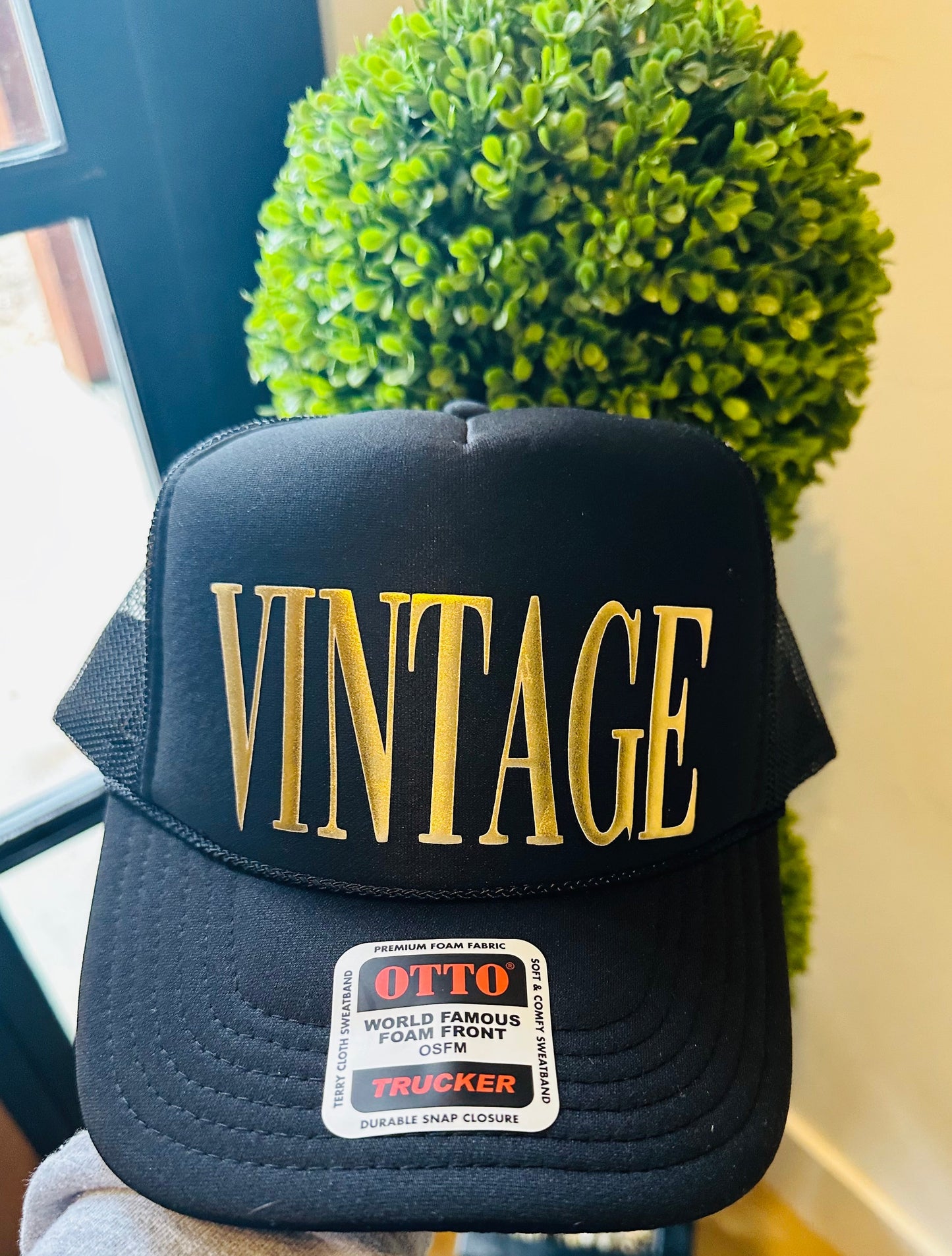 VINTAGE 3D Puff Vinyl METALLIC GOLD on Black Foam Trucker Hat