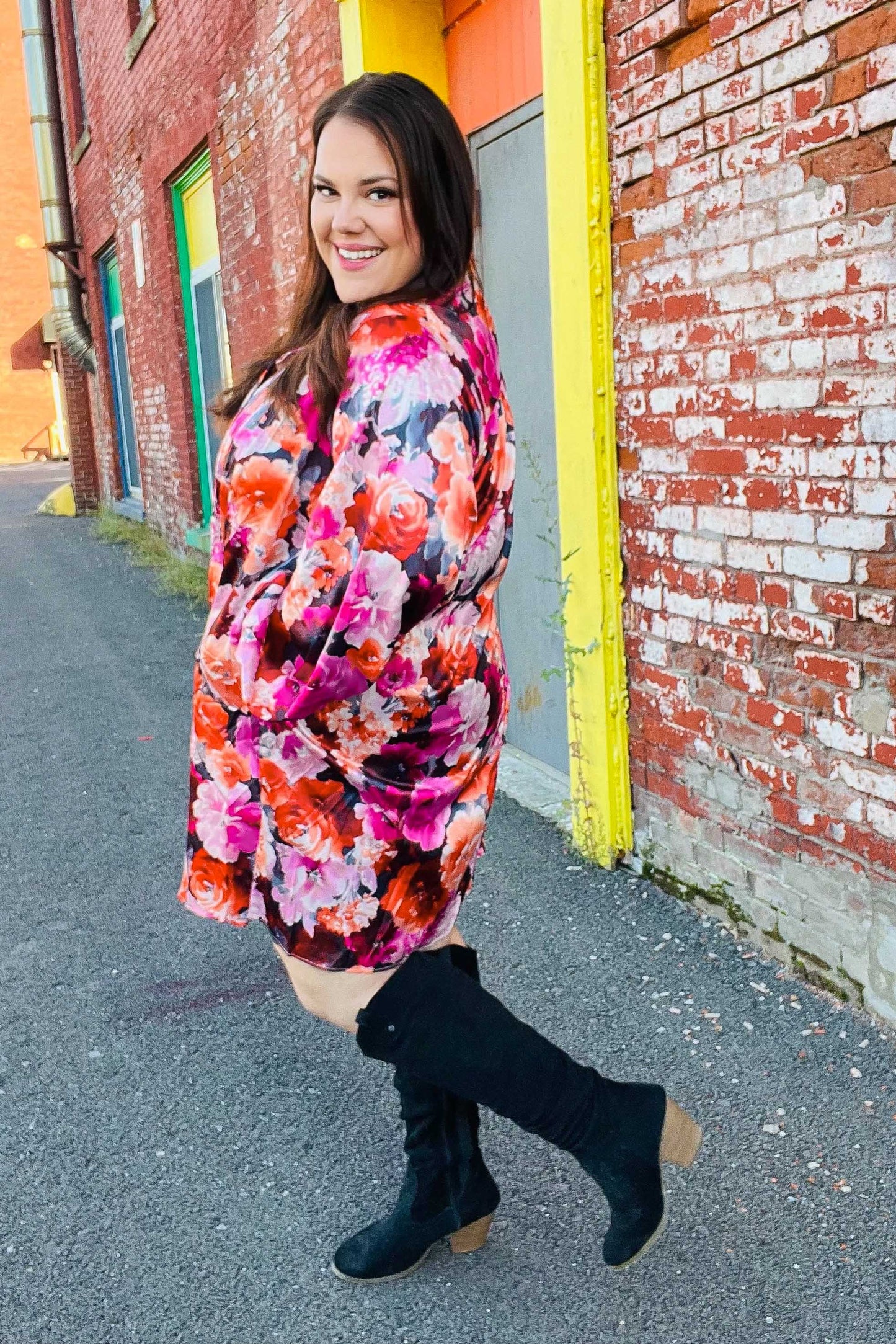 Diva Dreams Coral & Charcoal Floral Tie Neck Pintuck Satin Dress