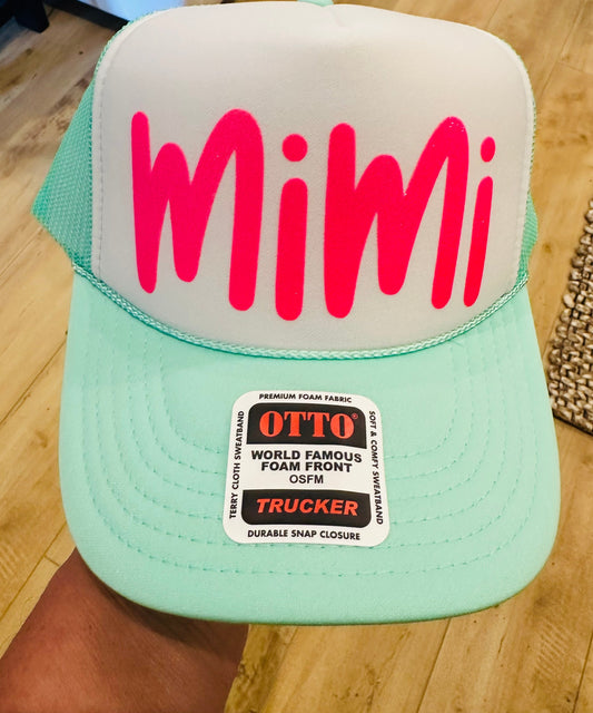 3D Glitter Puff Pink Vinyl MIMI on Seafoam and White Foam Trucker Hat
