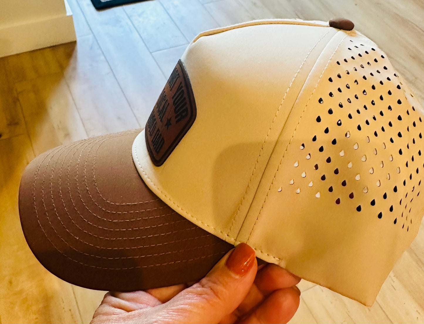 Support Your Local Bearded Dad Mens Leather patch on a Laser Perforated Hat