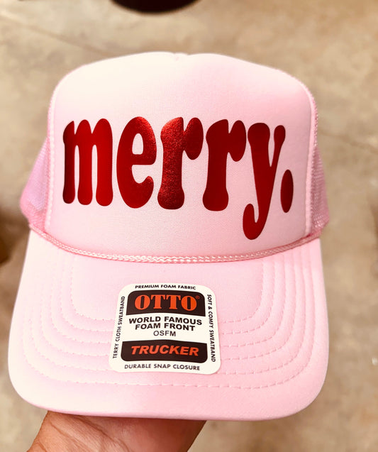 Merry red metallic puff vinyl on a soft pink hat