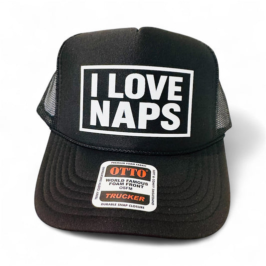 I LOVE NAPS DTF Printed Black Trucker Hat