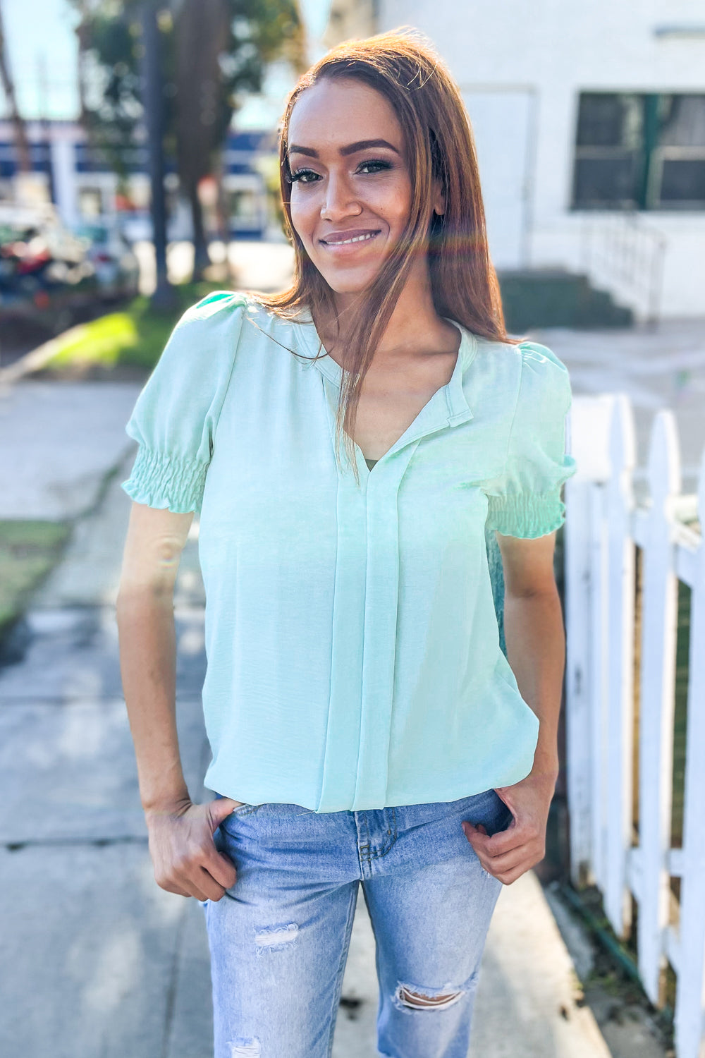 Elegant You Lilac Notched Neck Smocked Short Sleeve Blouse
