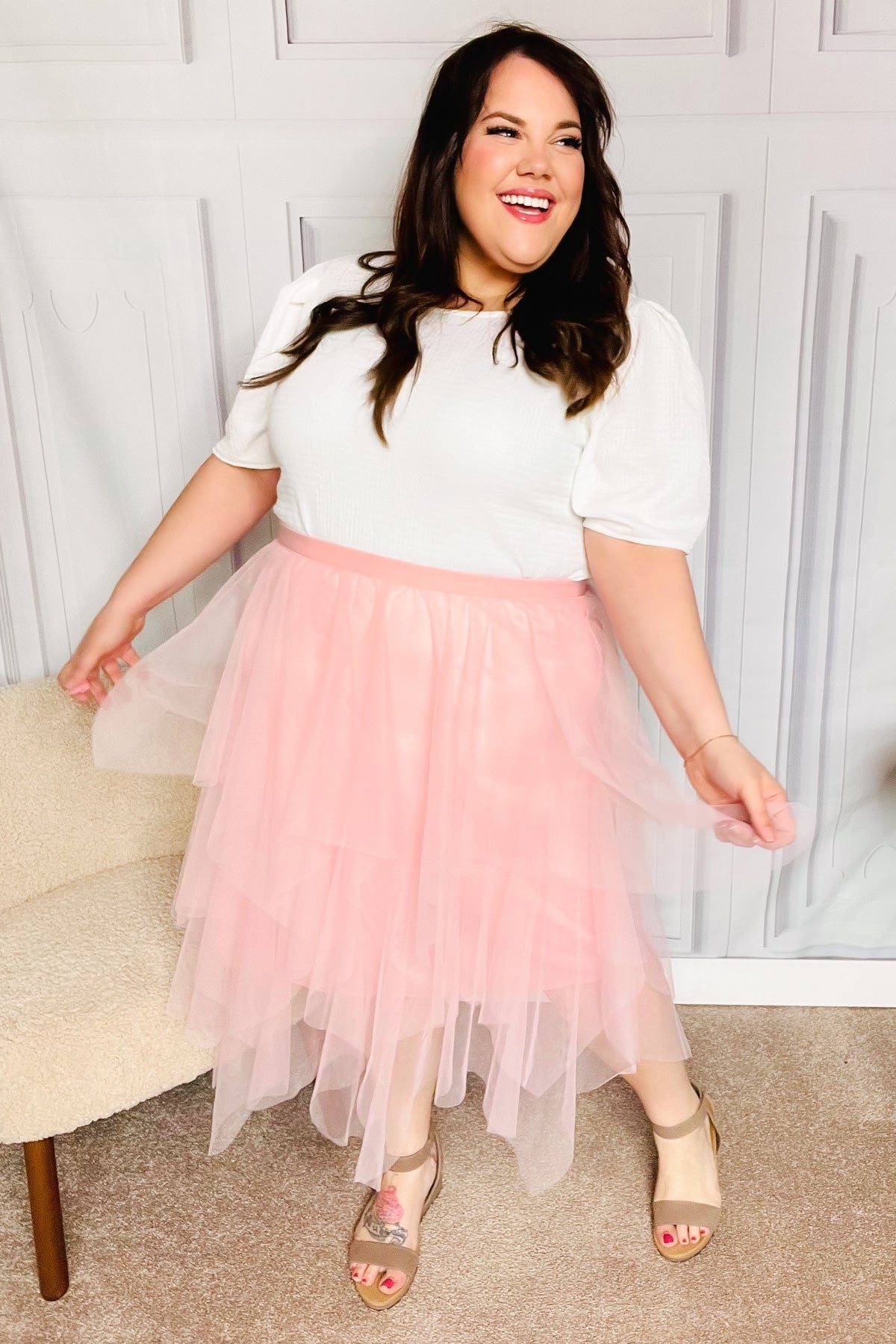 Feeling Femme' Blush Asymmetric Tiered Tulle Midi Skirt