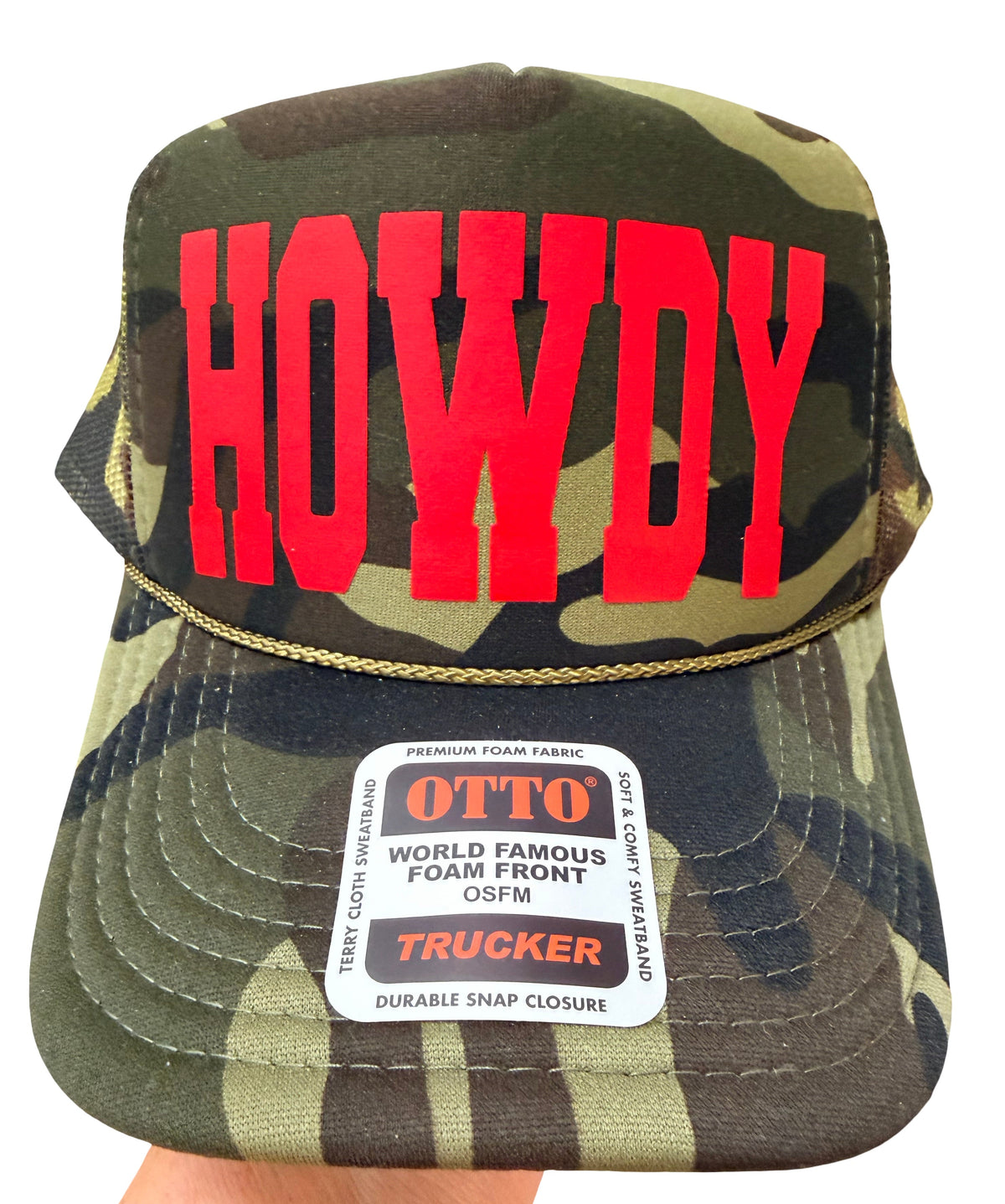 HOWDY RED PUFF VINYL on Camo Foam Trucker Hat