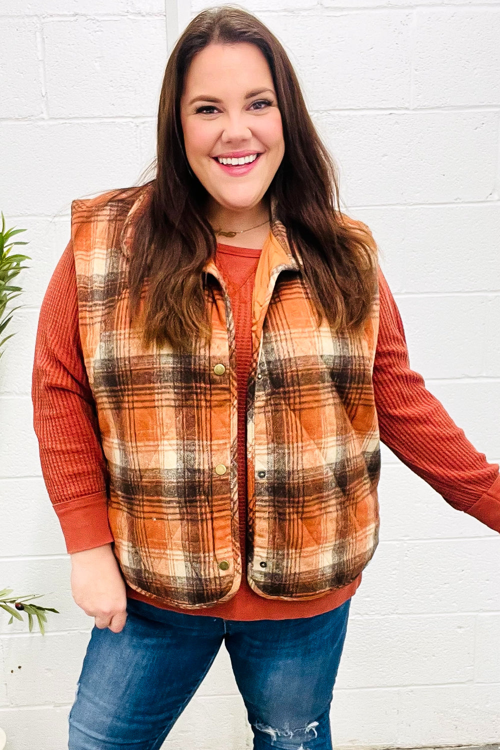 Put Together Rust Taupe Plaid Snap Button Quilted Puffer Vest