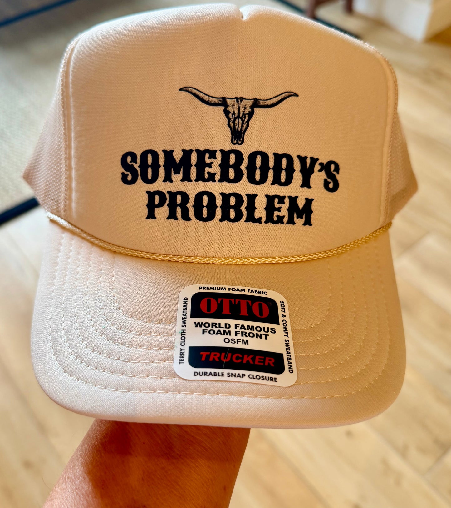 Somebodys Problem Skull DTF Printed Khaki Trucker Hat