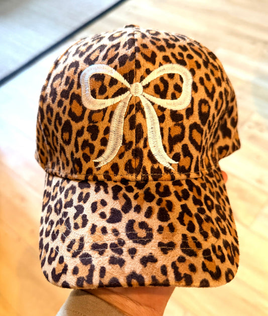 WHITE EMBROIDERIED BOW- LEOPARD BRUSHED SUEDE DAD HAT