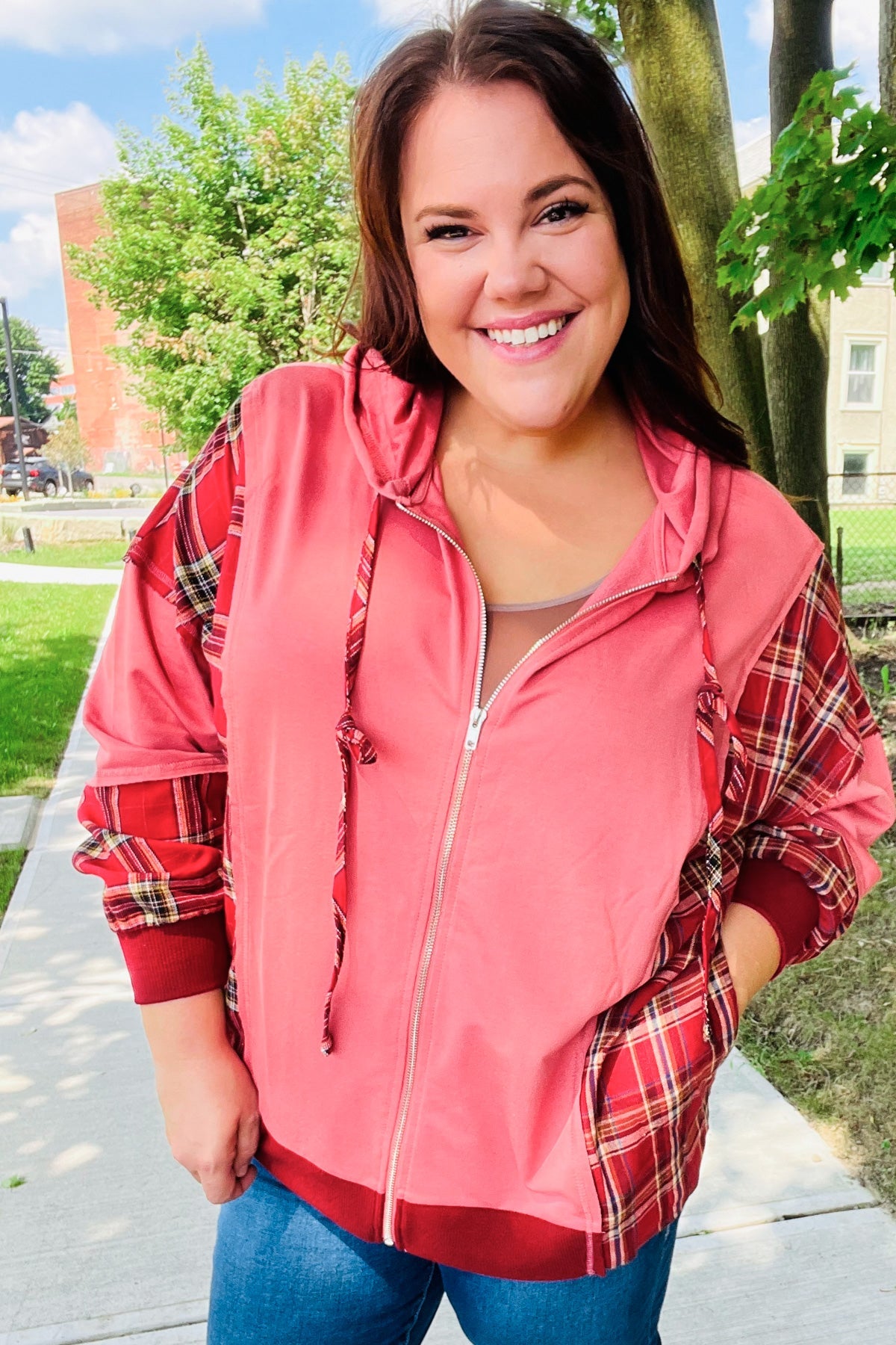 Adorable in Marsala Plaid Color Block Zipper French Terry Hoodie