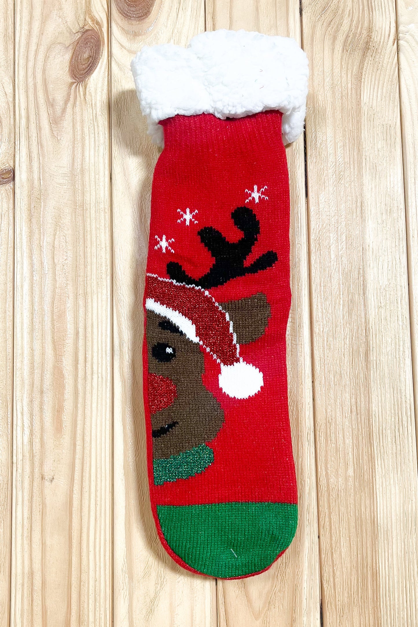 Red Reindeer Sherpa Traction Bottom Slipper Socks