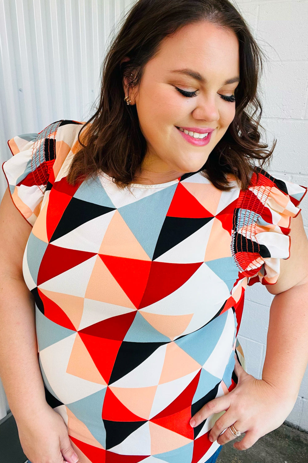 Burnt Orange Geo Print Smocked Ruffle Frill Sleeve Top