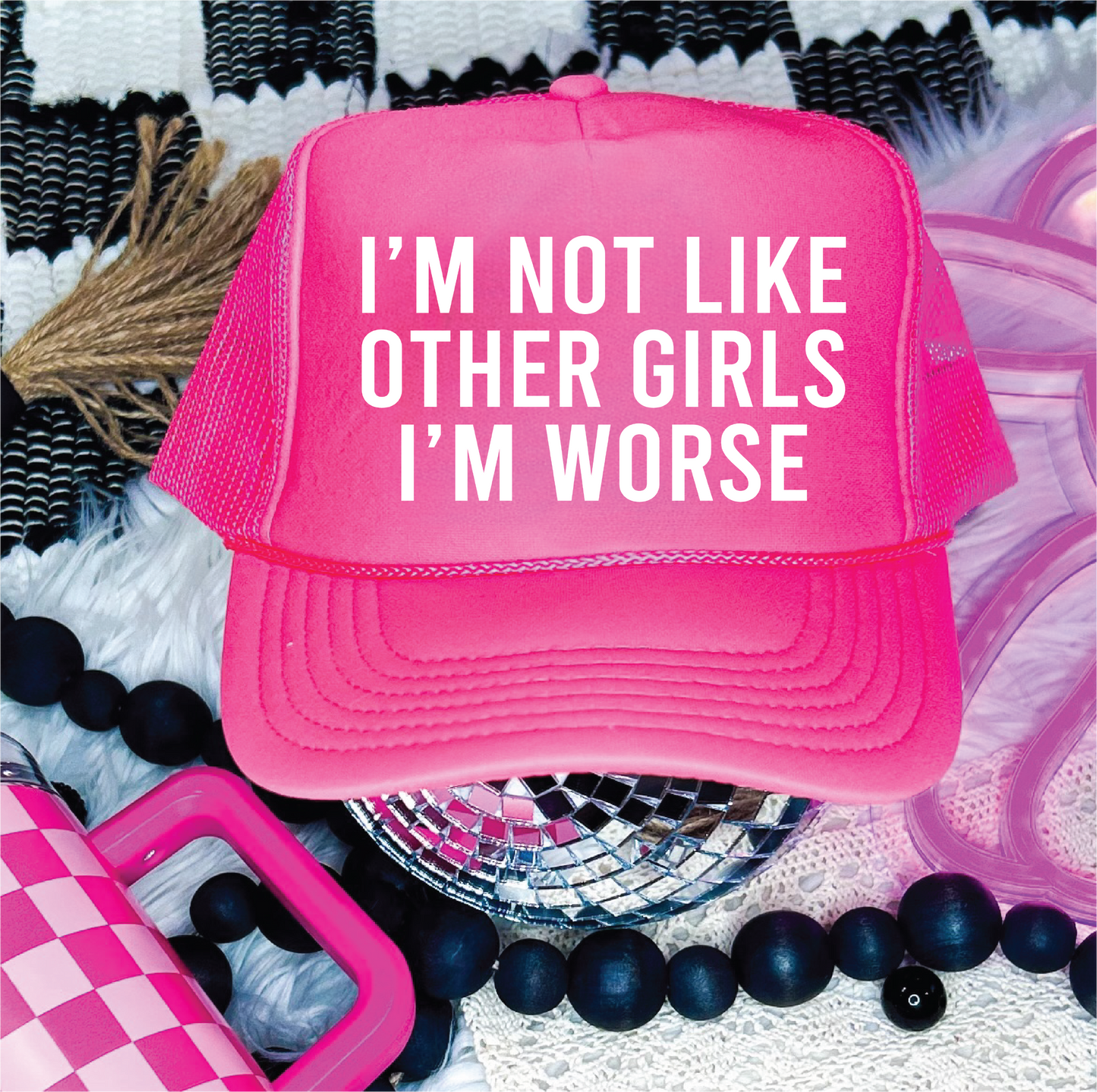 Not Like Others Girls DTF Printed Hot Pink Trucker Hat