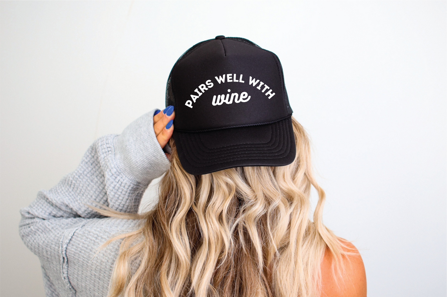 Pairs Well With Wine - UNISEX BLACK TRUCKER HAT