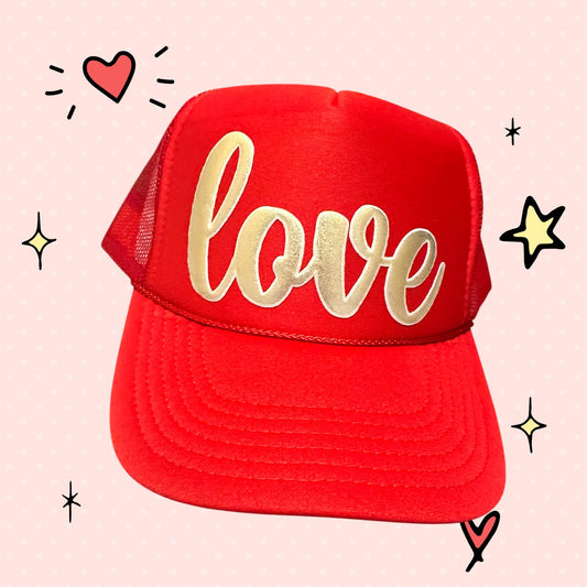 3D Puff Vinyl Love Metallic Gold on Red Foam Trucker Hat