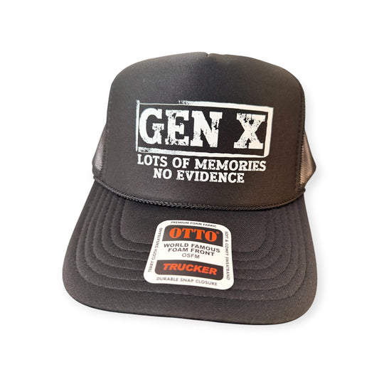 Gen X Lots of Memories DTF Printed Black Trucker Hat