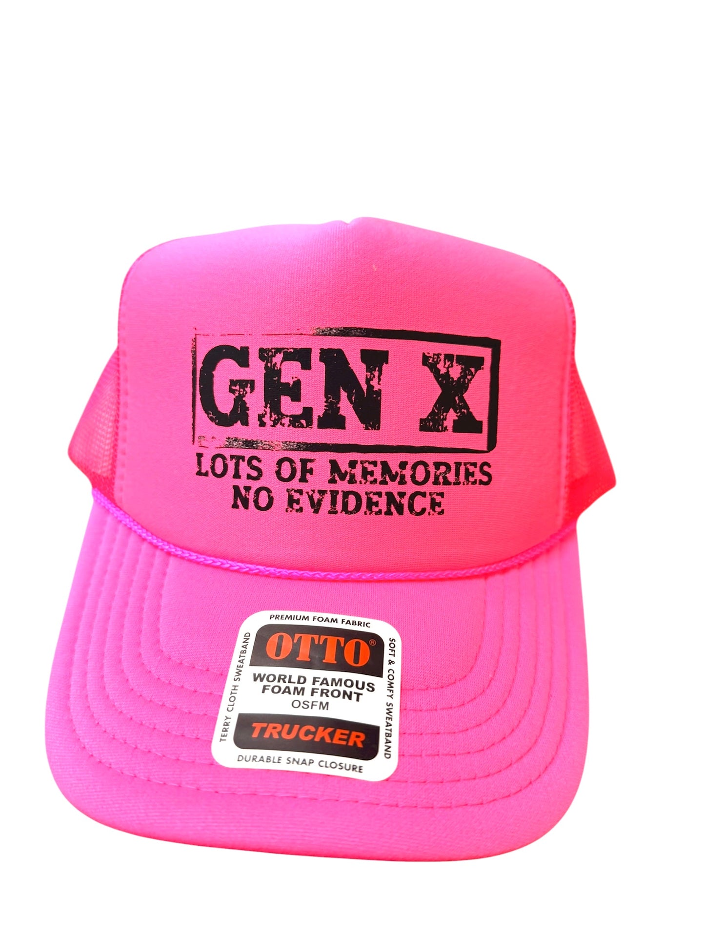 Gen X Lots of Memories DTF Printed Neon Pink Trucker Hat