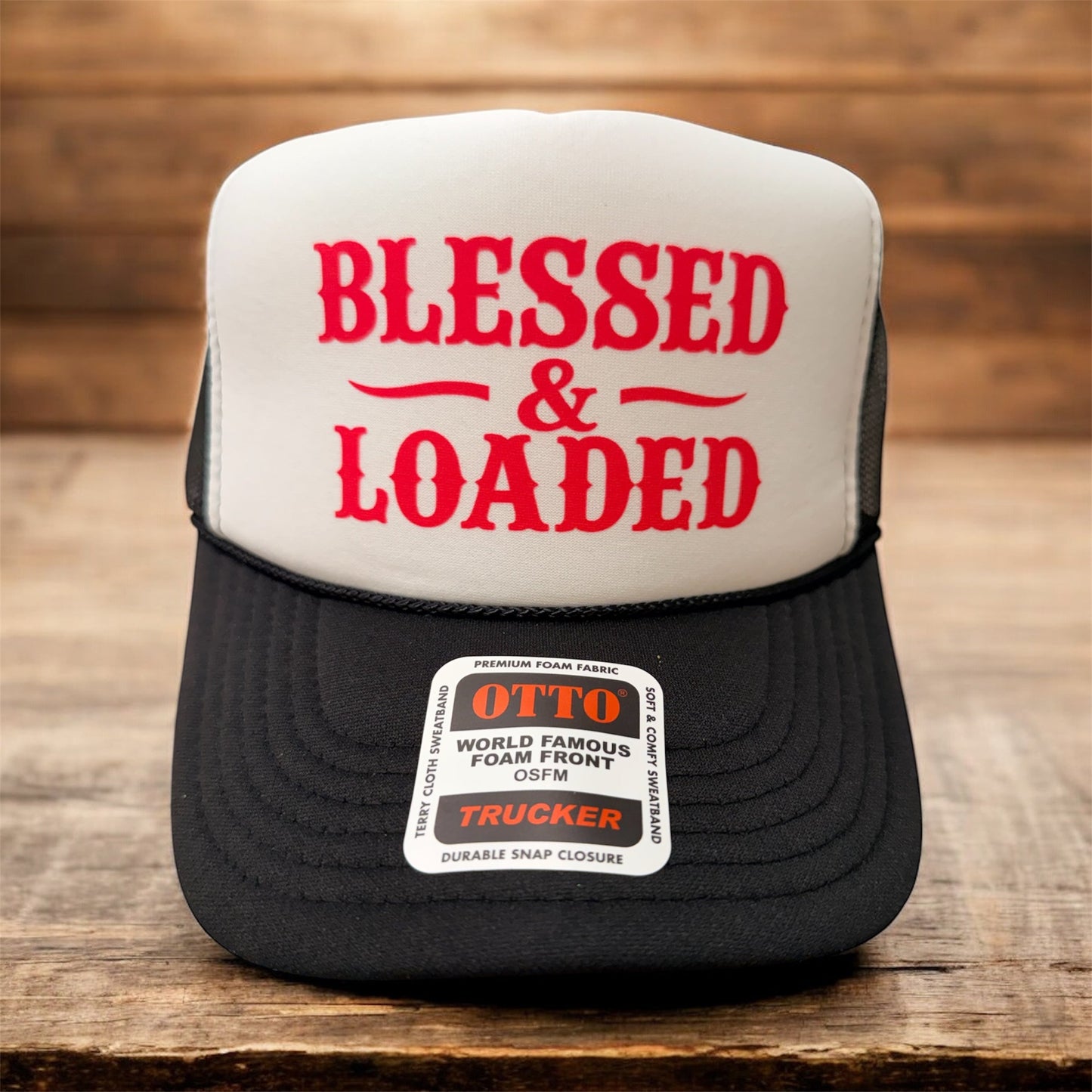 BLESSED AND LOADED- UNISEX BLACK AND WHITE Trucker Hat