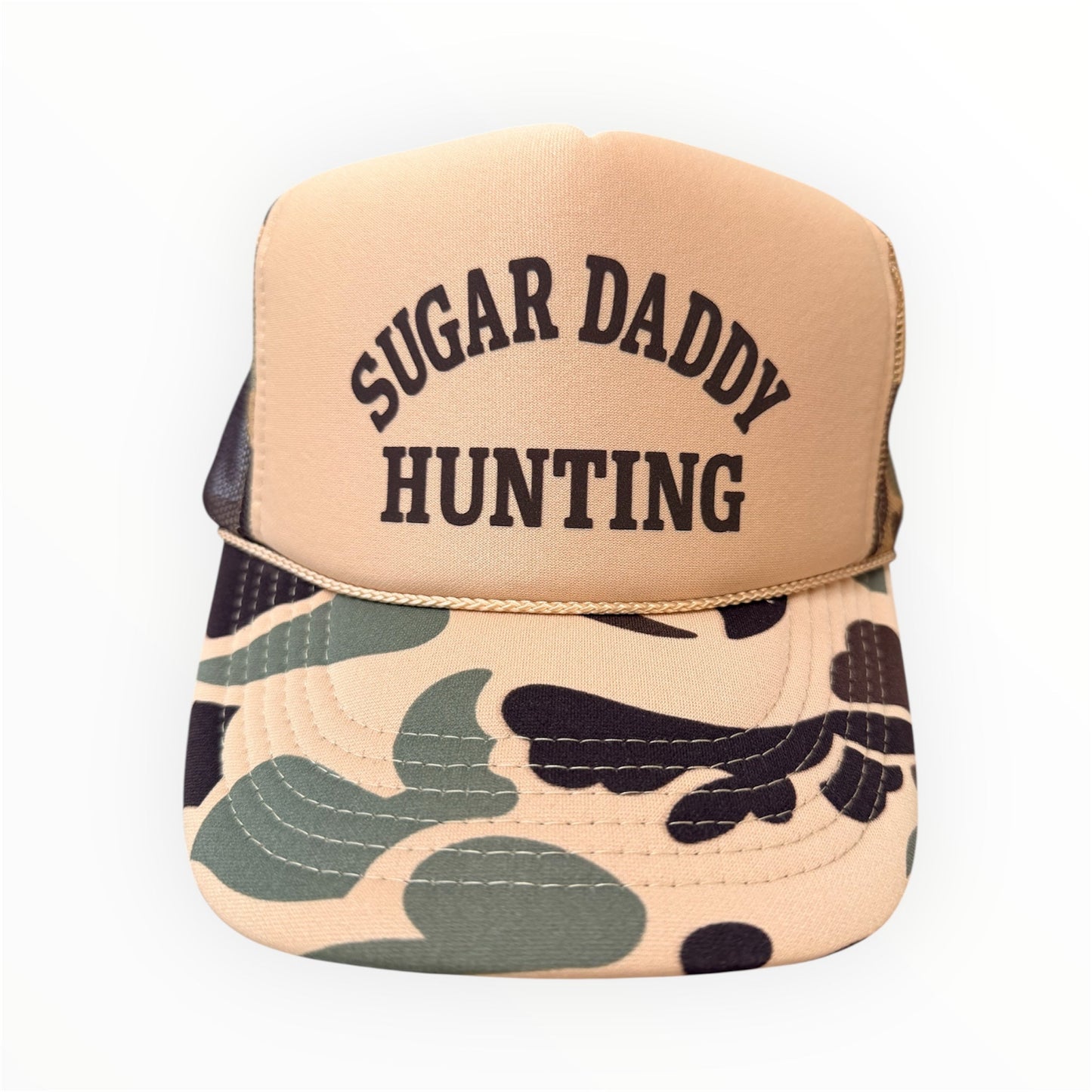 SUGAR DADDY HUNTING DTF Printed on A Duck Camo and Tan Trucker Hat