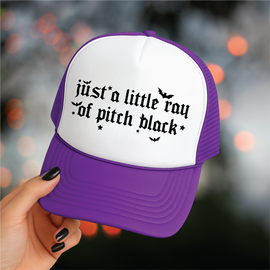 Just a Ray of Pitch Black DTF Printed Purple and White Trucker Hat