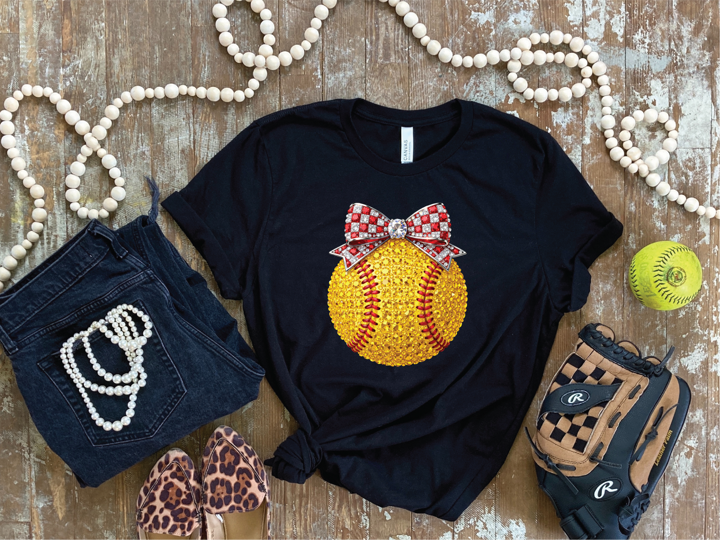 Softball Bow Faux Rhinestone- Unisex Graphic Tee