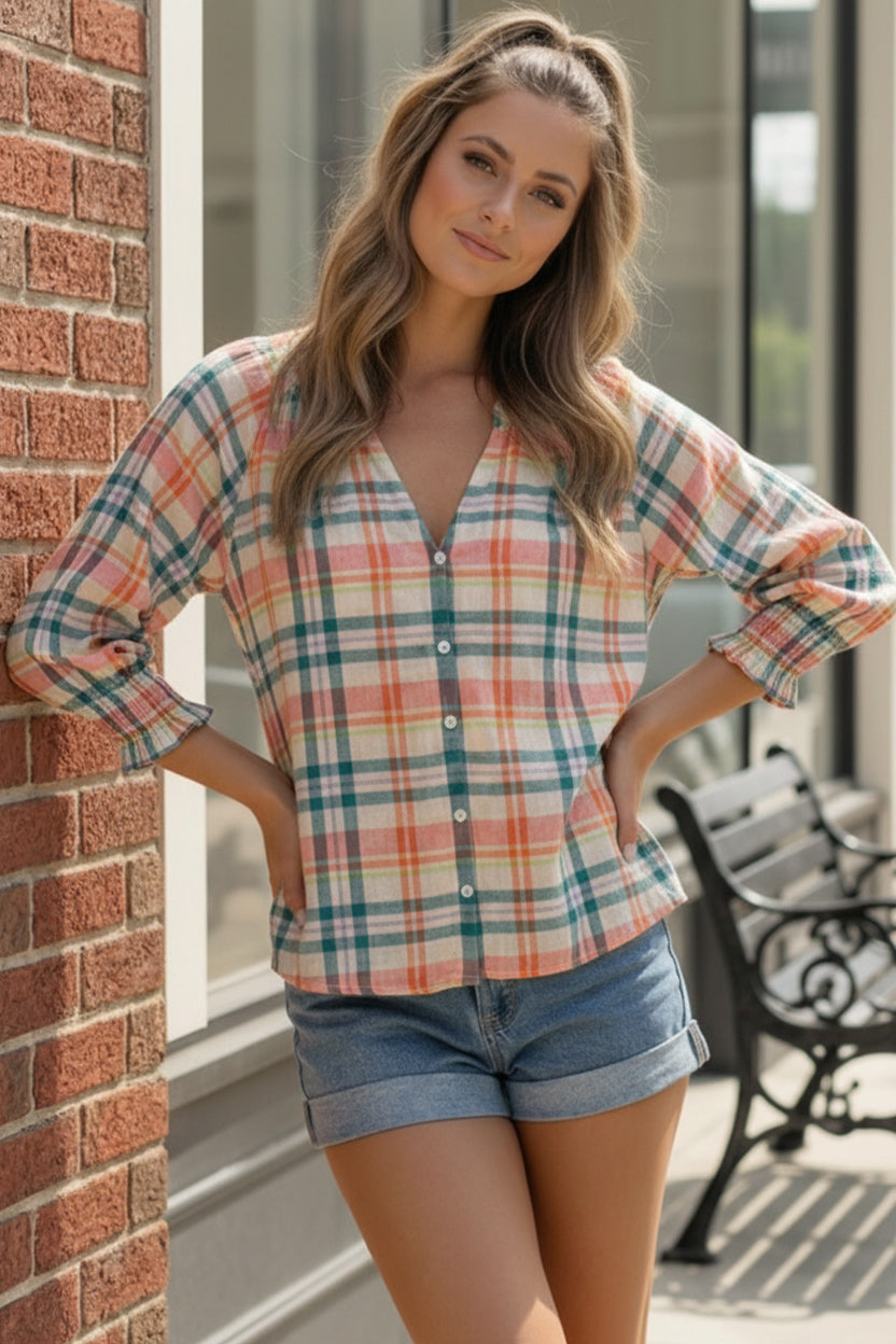Peachy Picnic Plaid Top