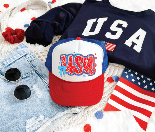 USA Star Bows DTF Printed Red White And Blue Trucker Hat