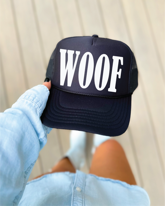 WOOF DTF Printed Black Trucker Hat