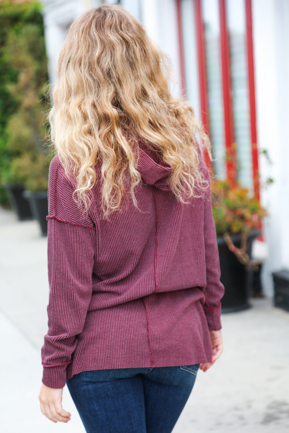 A New Day Burgundy Mineral Wash Rib Knit Hoodie - Southern Belles & Company Boutique